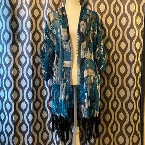 Women’s Bathing Cover. Teal and Black with Black Fringes on the bottom